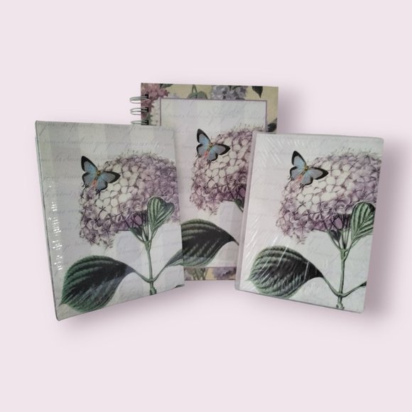 New 3-Piece Stationery Set With Design of Butterflies & Hydrangeas - New - Picture 1 of 4